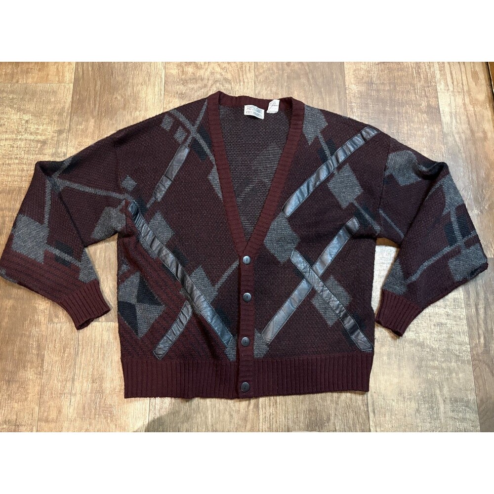City Streets Sweater Mens XL Button Up Dad Sweater Grandpa Core Gray Red Black